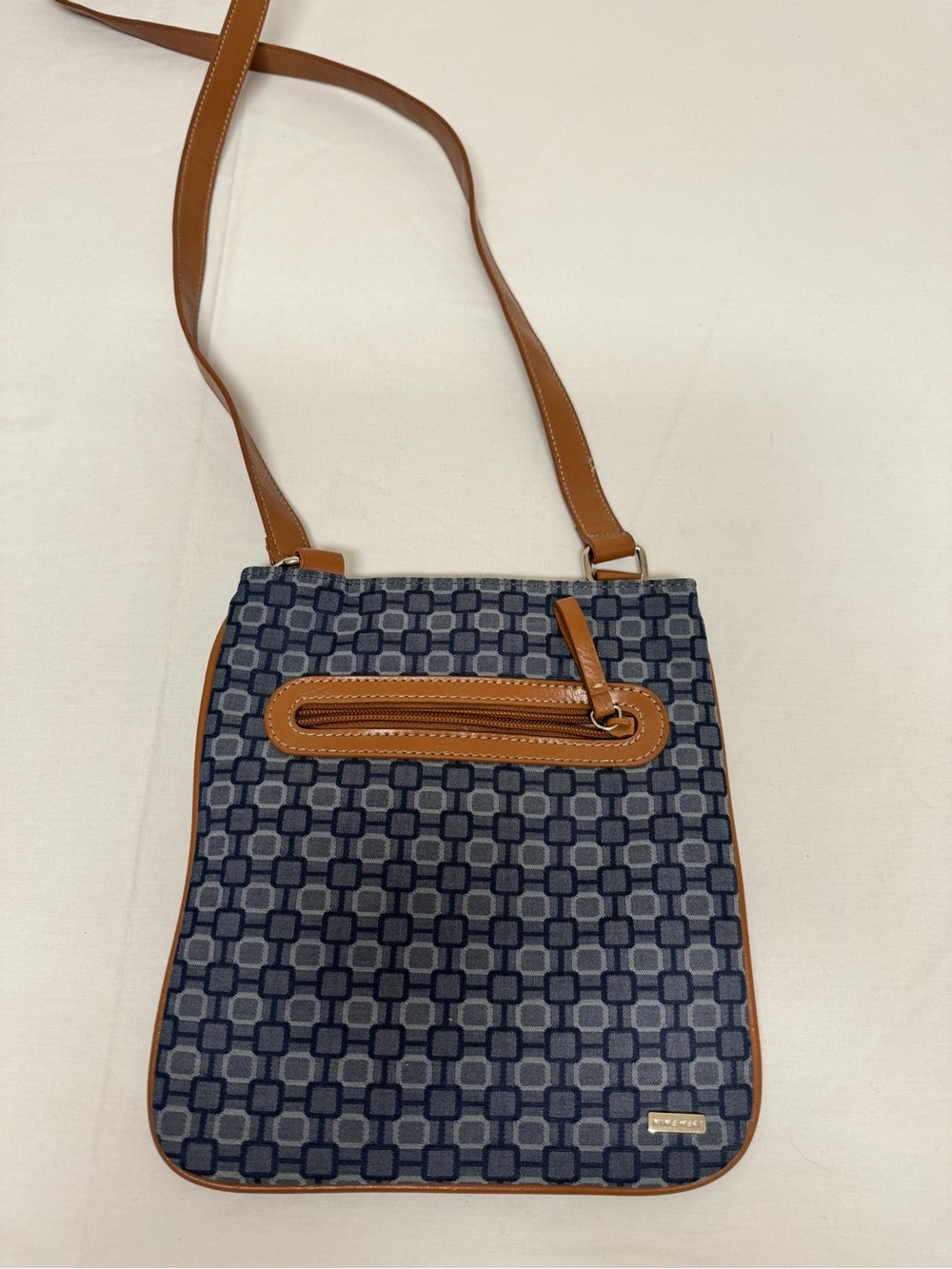 Nine West Blue Gray Logo Print Crossbody Bag Tan Trim Adjustable Strap